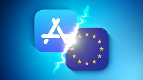 من iPhoneIslam.com، يظهر شعارا الاتحاد الأوروبي وApple على خلفية زرقاء، ويتضمن أخبارًا مهمة من 26 يناير إلى 1 فبراير.