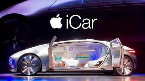 من iPhoneIslam.com، سيارة تحمل علامة Apple التجارية وعليها كلمة iCar.