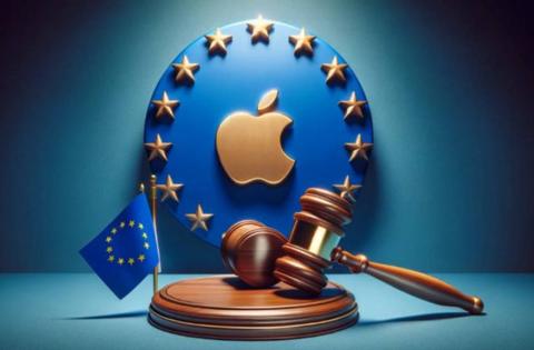 مطرقة وعلم الاتحاد الأوروبي أمام شعار Apple