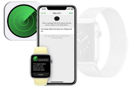 من iPhoneIslam.com، يعرض iPhone شاشة Find My Apple Watch، تعرض تعليمات ورسالة للاتصال برقم. تعرض ساعة Apple Watch ذات الشريط الأصفر أيضًا نفس الرسالة. تظهر أيقونة تطبيق Find My، مما يؤكد على سهولة استعادة ساعة أبل.