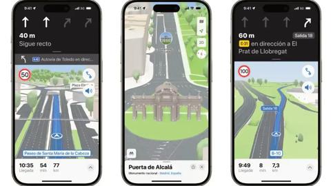 من iPhoneIslam.com، ثلاث شاشات رقمية تعرض تطبيق الملاحة عبر نظام تحديد المواقع العالمي (GPS)، كل منه