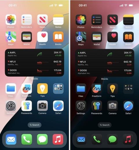 من iPhoneIslam.com، شاشتان للهواتف الذكية تعرضان أيقونات تطبيقات متنوعة وعناصر واجهة مستخدم لـ AAPL وNFLX وGOOG. وتتميز الشاشة اليسرى بأسعار الأسهم والتطبيقات بخلفية فاتحة، بينما تعرض الشاشة اليمنى خلفية داكنة، تسلط الضوء على ميزات تحديث iOS 18 الجديد.