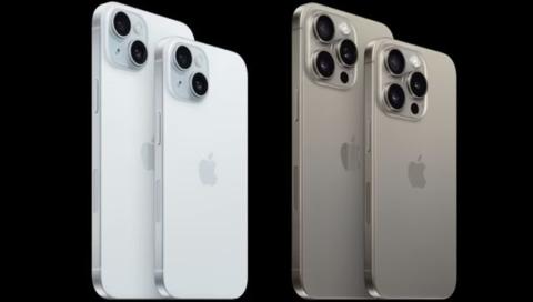 من iPhoneIslam.com، تظهر أربعة أجهزة iPhone جنبًا إلى جنب على خلفية سوداء، وعمر البطارية بالساعات.