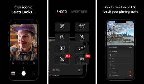 من iPhoneIslam.com، تعرض شاشات الهاتف الثلاث المتجاورة تطبيقًا للتصوير الفوتوغرافي مزودًا بمرشحات Leica. تعرض الشاشات: رجل يرتدي قبعة، وخيارات الصور مثل RAW JPG وLEICA، وأدوات التحرير لتحسين صورة مناظر المدينة. اكتشف آي فون إسلام للمزيد من التطبيقات المفيدة والاختيارات التي ترتقي بتجربة التصوير الفوتوغرافي لديك.