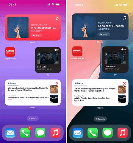 من iPhoneIslam.com، تسلط شاشات الهواتف الذكية المحدثة الضوء على ميزات الشاشة الرئيسية من خلال مشغل الموسيقى ومشغل الفيديو وأداة الأخبار. تتضمن التطبيقات المميزة ملخصات لأخبار الموسيقى والتلفزيون والعلوم. الوقت المعروض هو 9:41 صباحًا، ويعرض آخر تحسينات تحديث iOS 18.