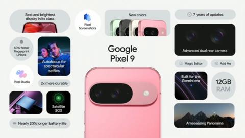 من iPhoneIslam.com، صورة ترويجية لهاتف Google Pixel 9 تعرض مميزاته: كاميرا متطورة، متانة، ألوان جديدة، تحديثات كل 7 سنوات، ذاكرة عشوائية 12 جيجا بايت، SOS عبر الأقمار الصناعية، عمر بطارية طويل، وتحسينات برمجية متنوعة. استعد للمستقبل في حدث صنع بواسطة جوجل 2024!