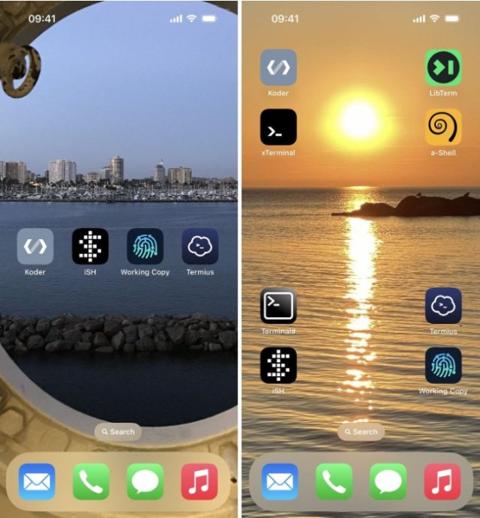 من iPhoneIslam.com، تسلط لقطات الشاشة جنبًا إلى جنب لشاشتين رئيسيتين للهاتف بخلفيات مختلفة الضوء على تحديث iOS 18. تعرض الشاشة اليسرى منظرًا للمدينة مع أيقونات التطبيقات، بينما تتميز الشاشة اليمنى بغروب الشمس فوق الماء مع تطبيقات مماثلة، وتعرض بعض الميزات الجديدة.