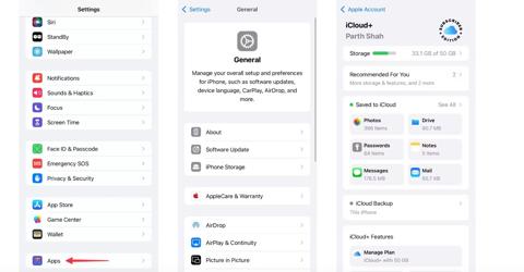 من iPhoneIslam.com، لقطة شاشة لإعدادات iPhone تعرض إعدادات العرض والسطوع والإعدادات العامة وإعدادات iCloud. تتضمن الميزات خيارات الوضع الفاتح/المظلم، ومعلومات التخزين، وتحديثات البرامج، وAppleCare، وتفاصيل النسخ الاحتياطي على iCloud. إكتشاف ميزات مخفية في آخر تحديث iOS 18 من أبل.