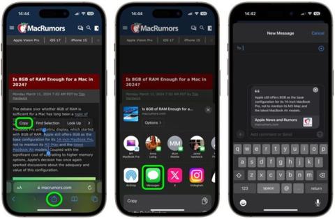 من iPhoneIslam.com، تعرض ثلاثة أجهزة iPhone خطوات لنسخ النص ومشاركته من صفحة ويب. يعرض الهاتف الأول تحديد النص، ويكشف الثاني عن خيارات المشاركة، ويوضح الثالث الرسائل الآرية-فون مع النص المقتبس.