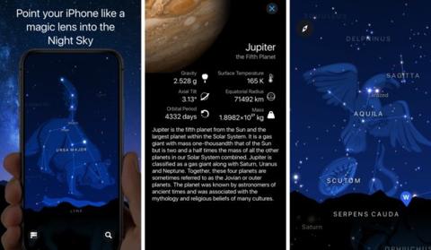 من iPhoneIslam.com، تظهر ثلاث لقطات شاشة تطبيقًا لعلم الفلك على الهاتف. الأول يرشد المستخدمين إلى توجيه أجهزة iPhone الخاصة بهم نحو السماء. يعرض الثاني بيانات عن كوكب المشتري. يُظهر الثالث الأبراج بما في ذلك Sagitta وAquila، مما يمزج وظائف Windows على الآي فون بسلاسة في التجربة.