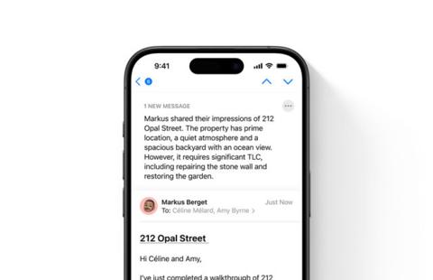 من iPhoneIslam.com، تعرض شاشة هاتف ذكي رسالة بريد إلكتروني من Markus Berget على نظام التشغيل macOS 15.1 تتناول حالة العقار في 212 Opal Street، مشيرة إلى جوانبه الإيجابية والإصلاحات المطلوبة.