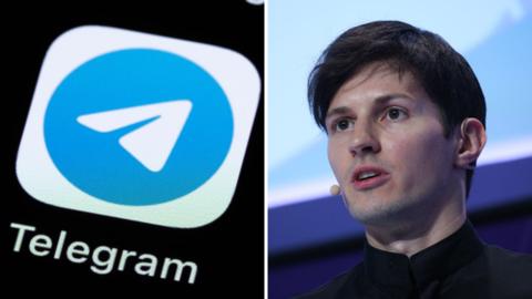 من iPhoneIslam.com، الصورة مقسمة: على اليسار، شعار تطبيق Telegram على خلفية سوداء. على اليمين، رجل يتحدث في الميكروفون على خشبة المسرح، ويشارك أخبارًا عاجلة. 