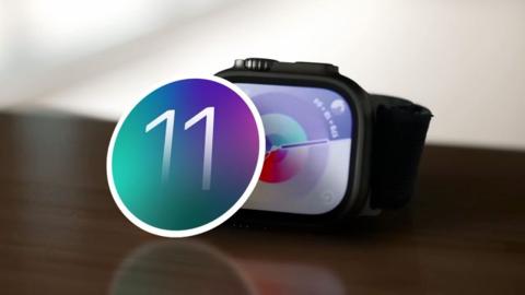 من iPhoneIslam.com، ساعة ذكية بشريط داكن تعرض واجهة دائرية على الشاشة، مغطاة بدائرة شبه شفافة تحمل الرقم 11 ، مثالية للبقاء على اطلاع بأحدث الأخبار.