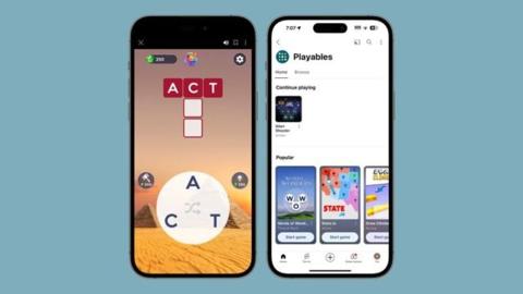 من iPhoneIslam.com، يعرض هاتفان ذكيان تطبيقات الألعاب على شاشتيهما. يعرض الهاتف الأيسر لعبة ألغاز كلمات بخلفية صحراوية، بينما يعرض الهاتف الأيمن قائمة الألعاب الشهيرة من الأسبوع 24 إلى 30 مايو.